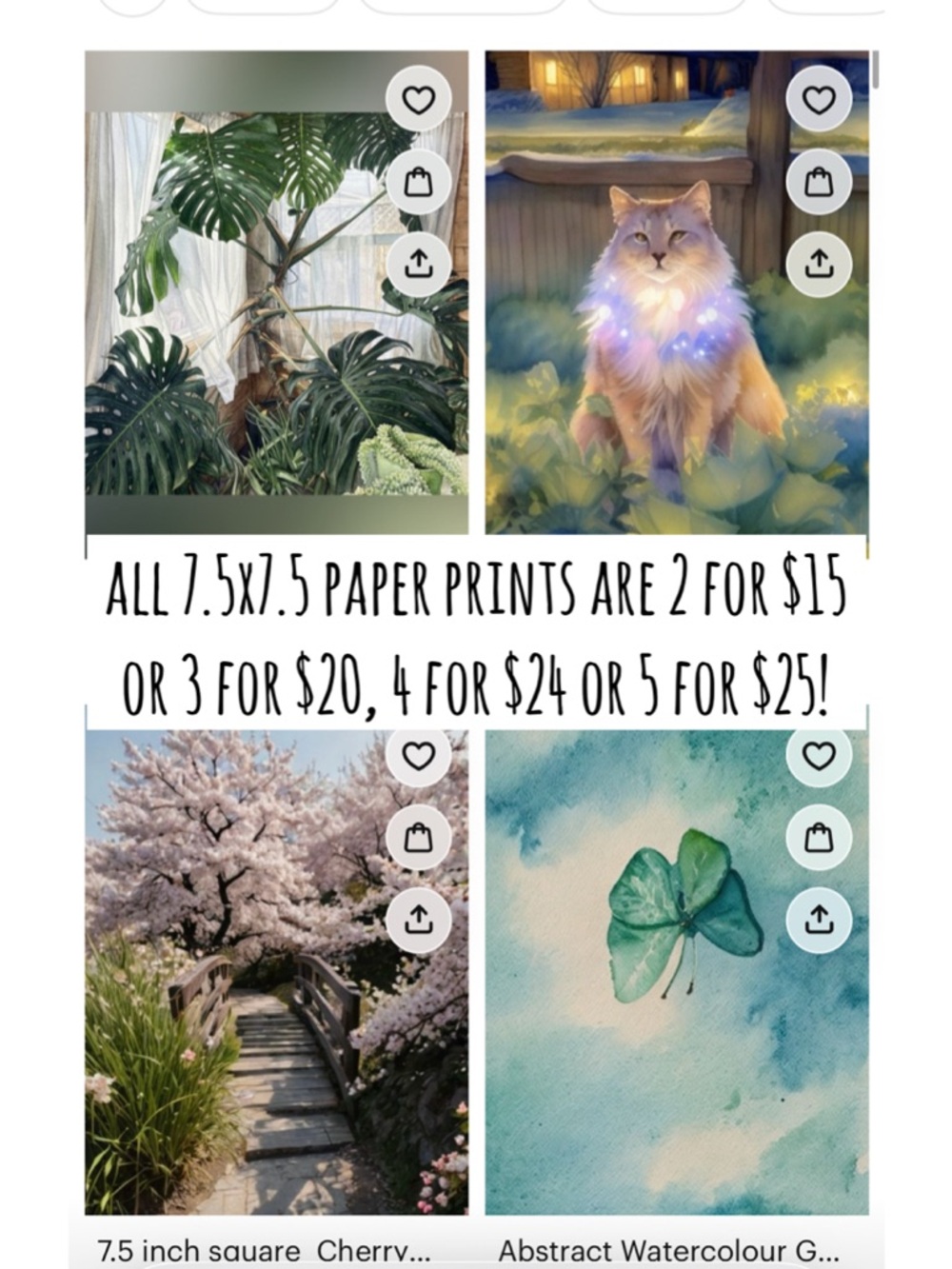 all 7.5x7.5 paper prints are 2 for $15 or 3 for $20, 4 for $24 or 5 for $25!
